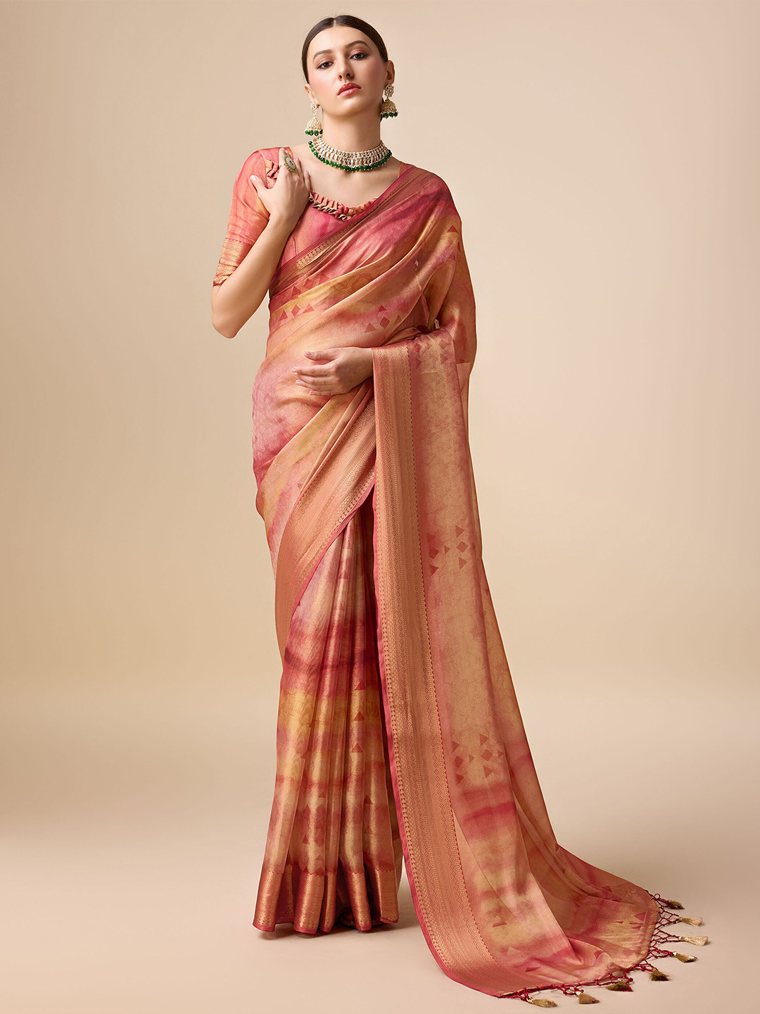 

Mitera Woven Design Organza Saree with Tassels, Orange