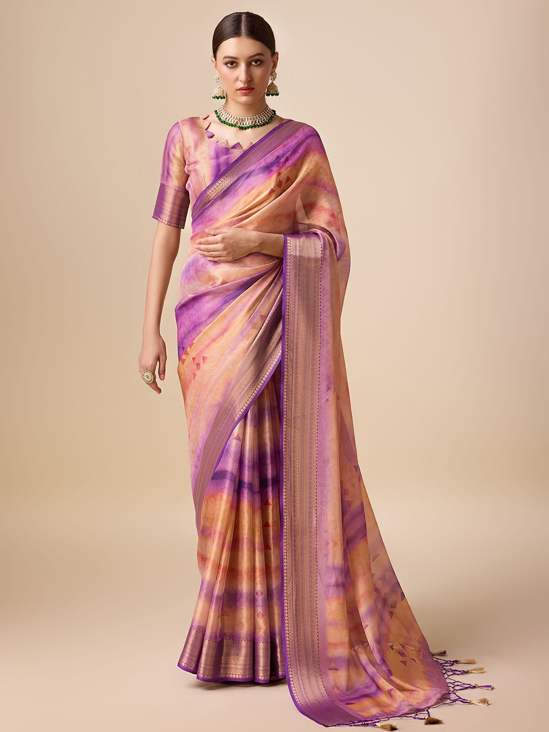 

Mitera Geometric Zari Woven Design Organza Saree with Tassels, Purple
