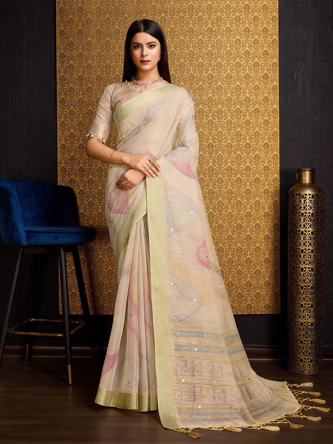 

Mitera Floral Printed Zari Organza Saree with Tassels, Yellow