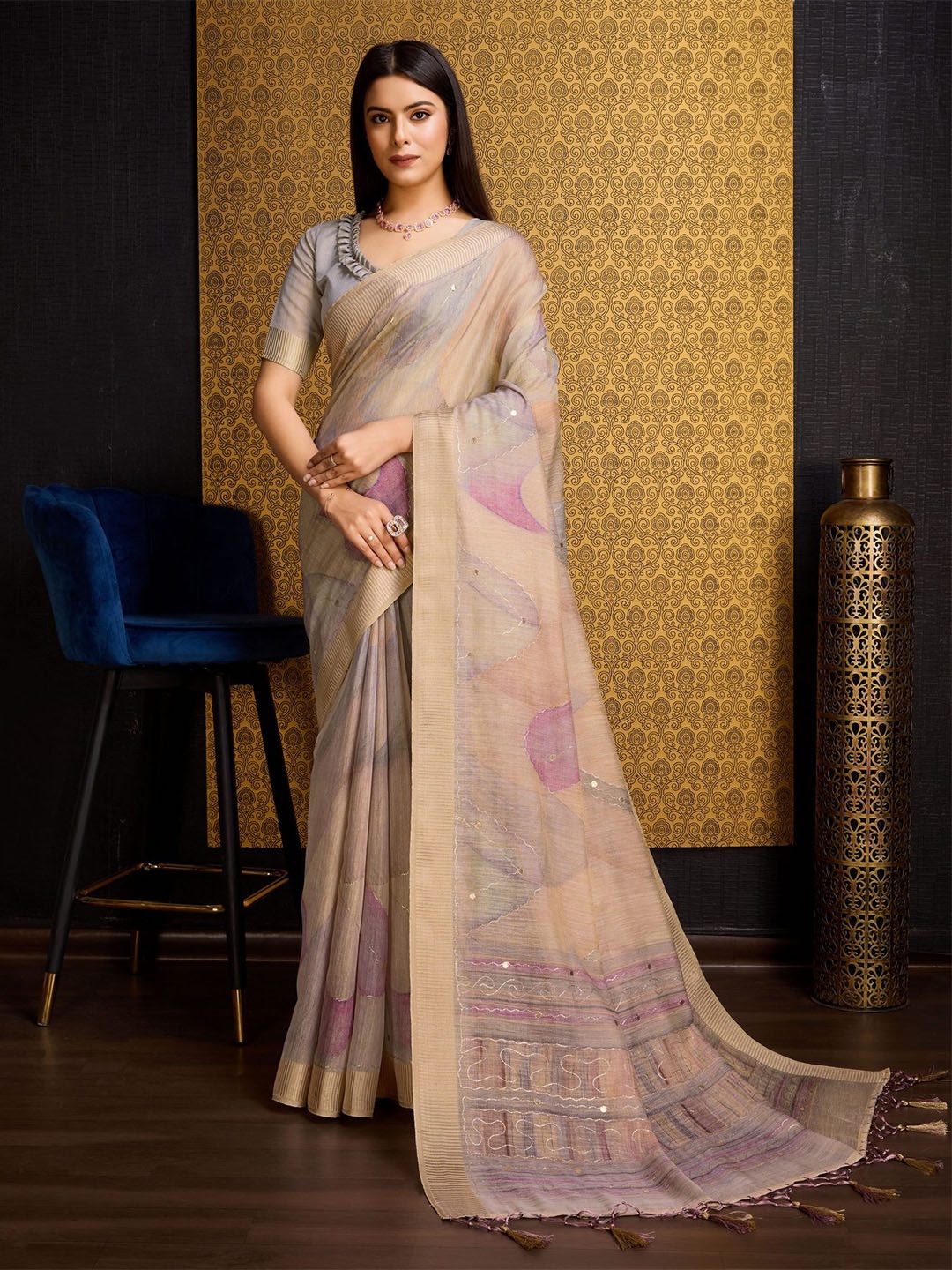 

Mitera Floral Printed Zari Organza Saree with Tassels, Beige
