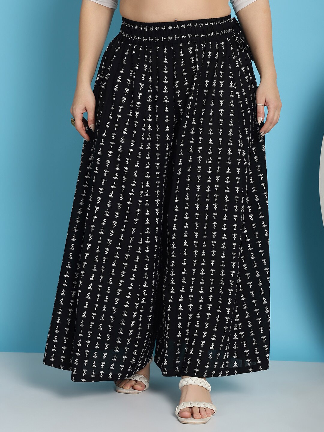 

TAG 7 Women Floral Printed Flared Pure Cotton Palazzos, Black