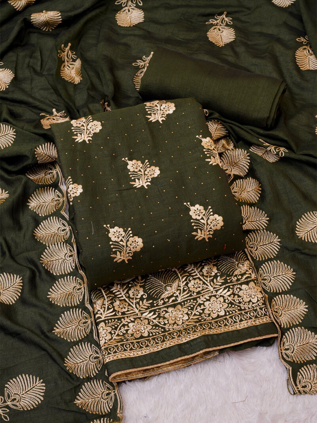 

ASISA Embroidered Silk Georgette Unstitched Dress Material, Olive