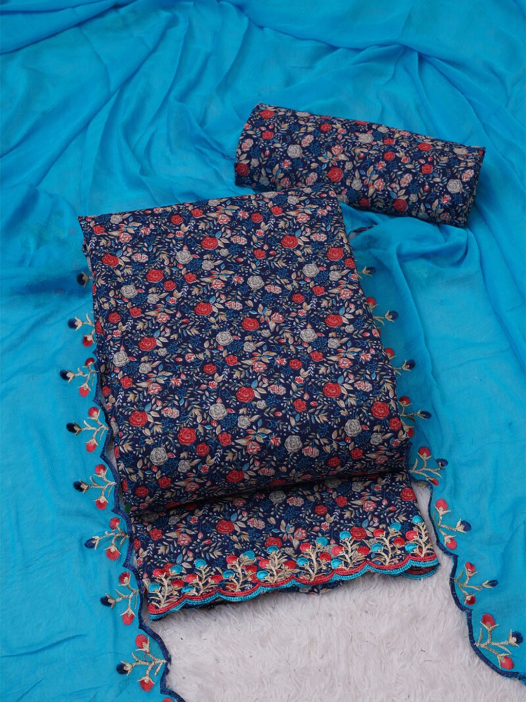 

ASISA Floral Printed Block Print Unstitched Dress Material, Navy blue