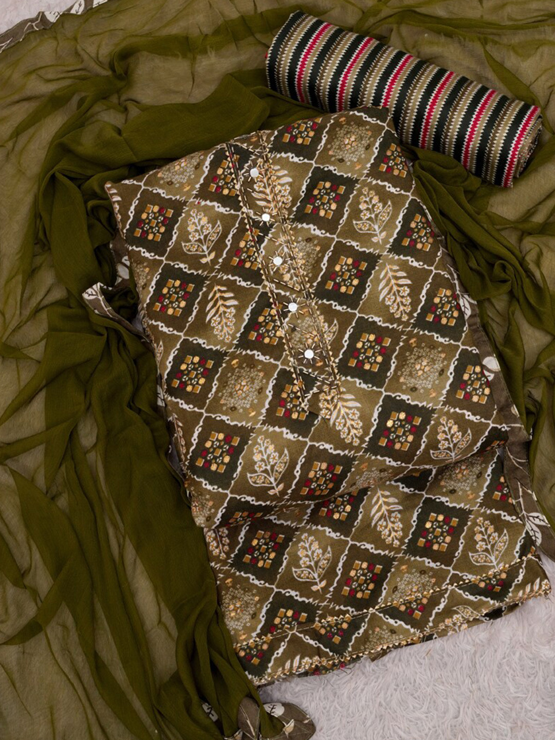 

ASISA Floral Printed Gotta Patti Unstitched Dress Material, Olive