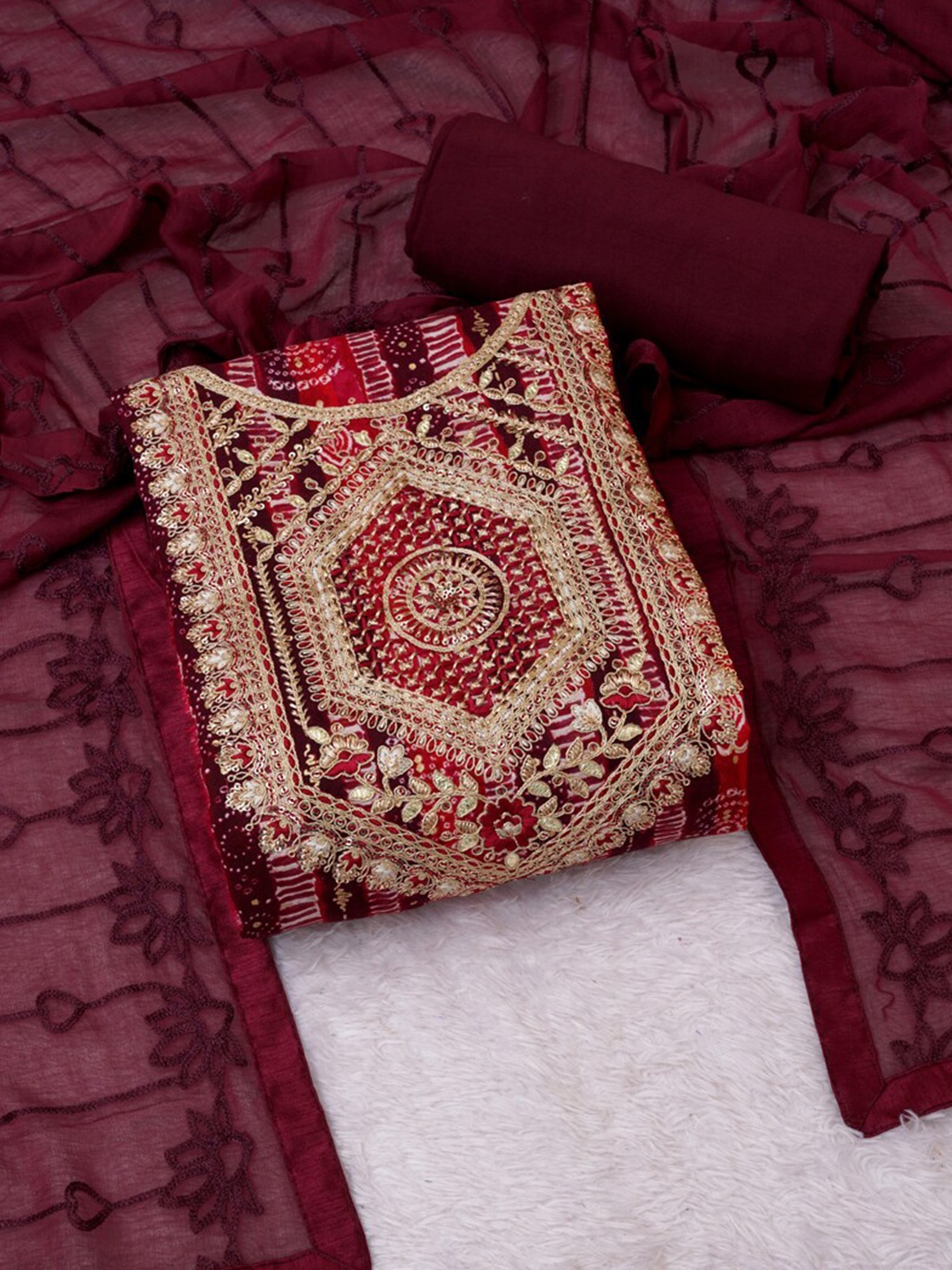 

ASISA Bandhani Embroidered Sequinned Unstitched Dress Material, Maroon