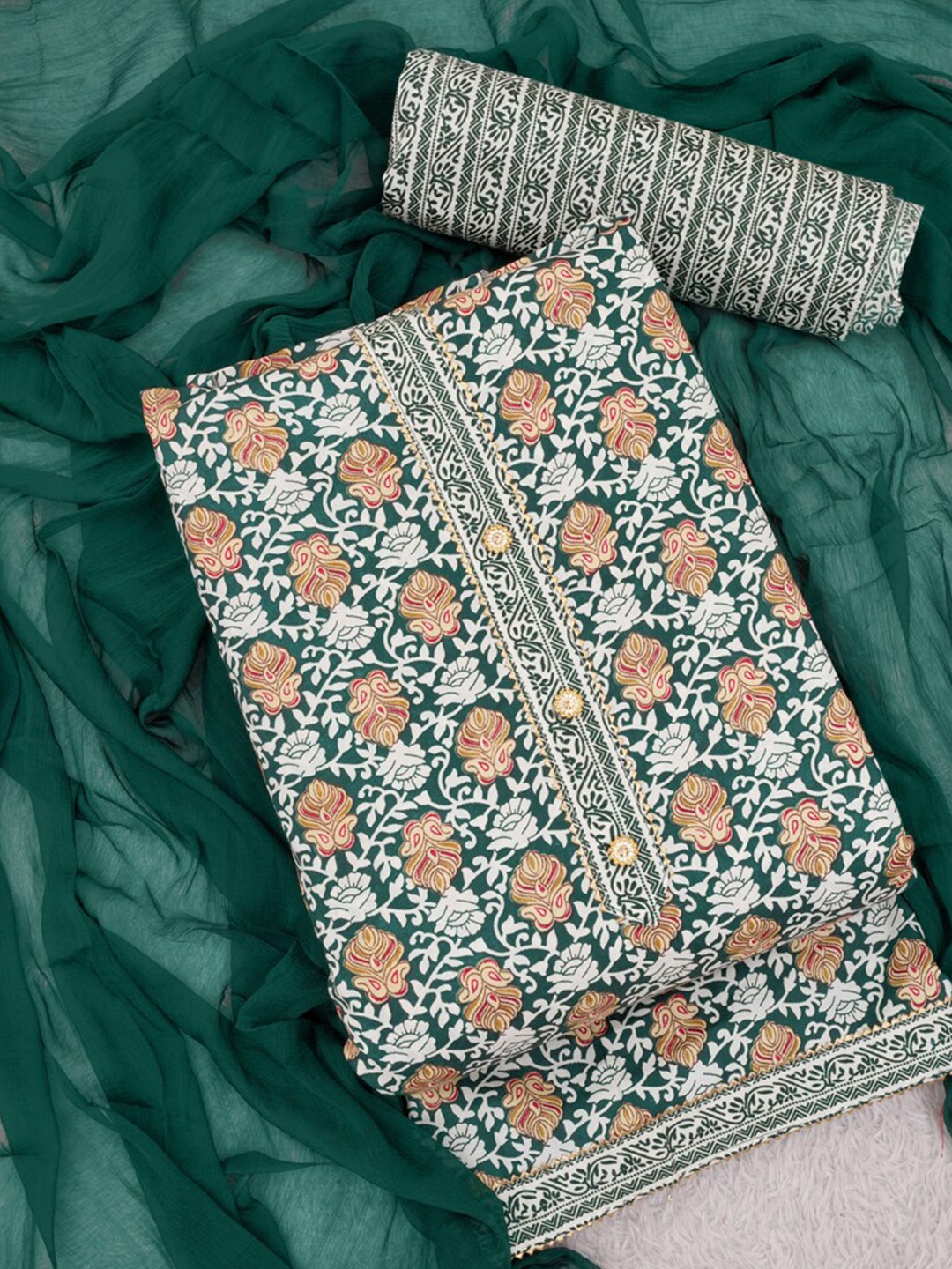 

ASISA Floral Printed Gotta Patti Foil Unstitched Dress Material, Green