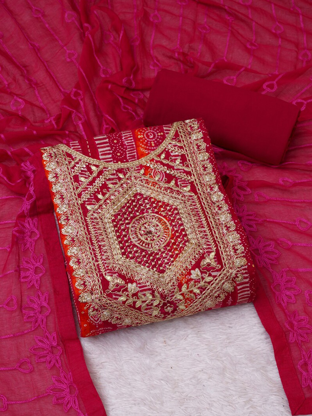 

ASISA Bandhani Embroidered Bandhani Unstitched Dress Material, Magenta