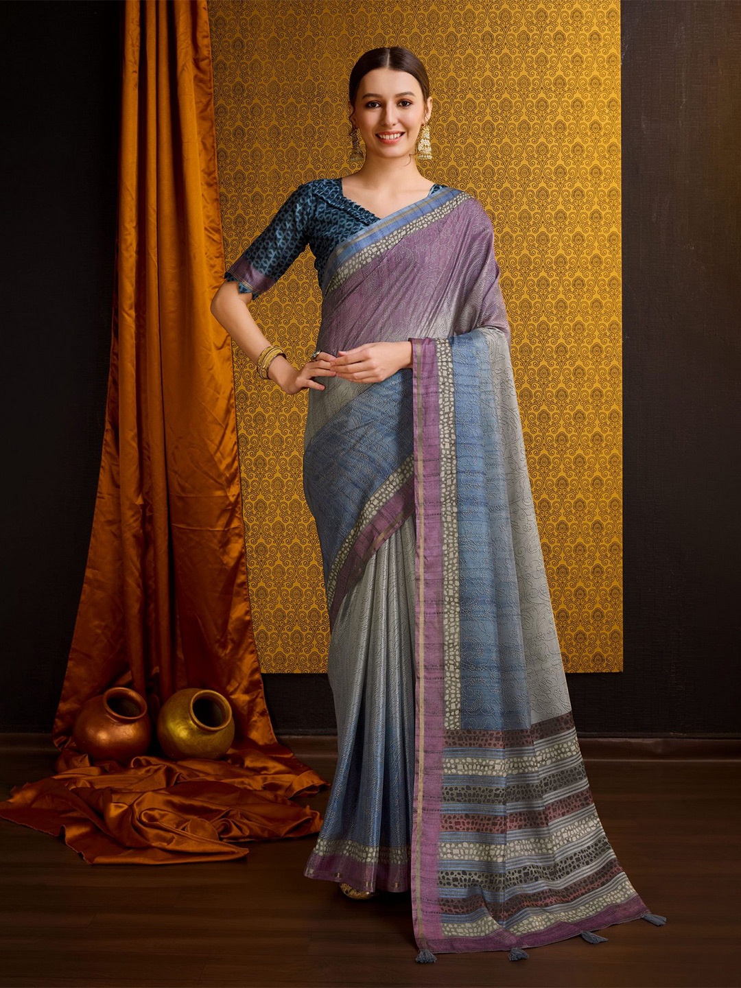 

Mitera Floral Printed Pure Silk Saree, Grey