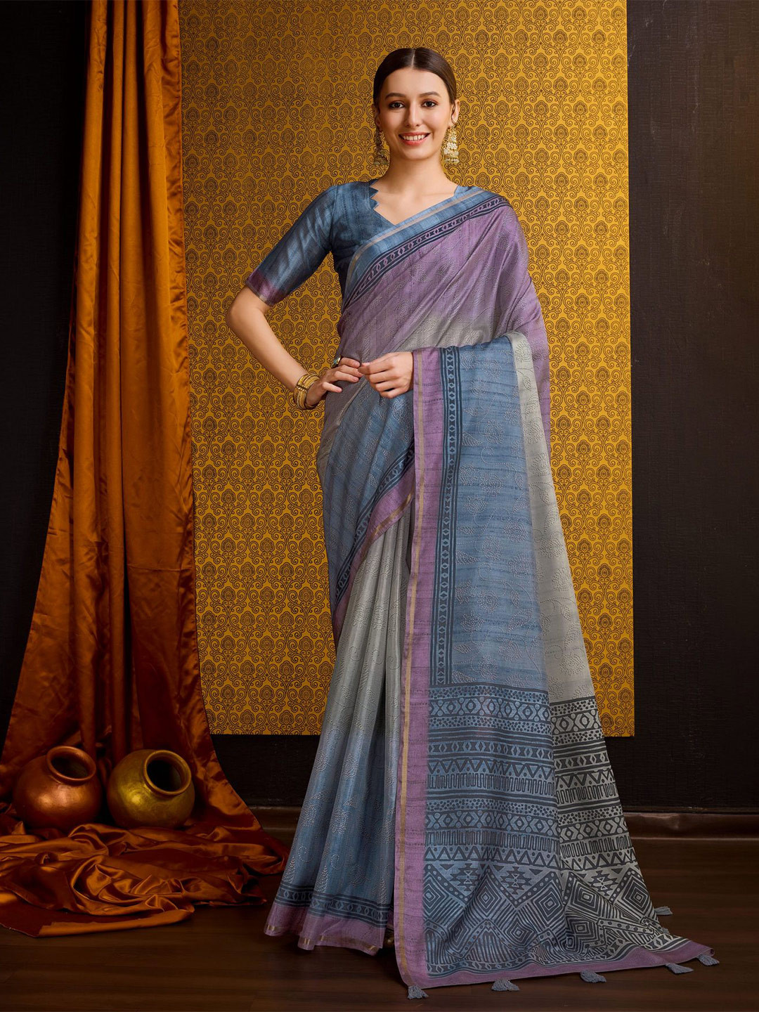 

Mitera Floral Zari Pure Silk Ready to Wear Saree, Blue