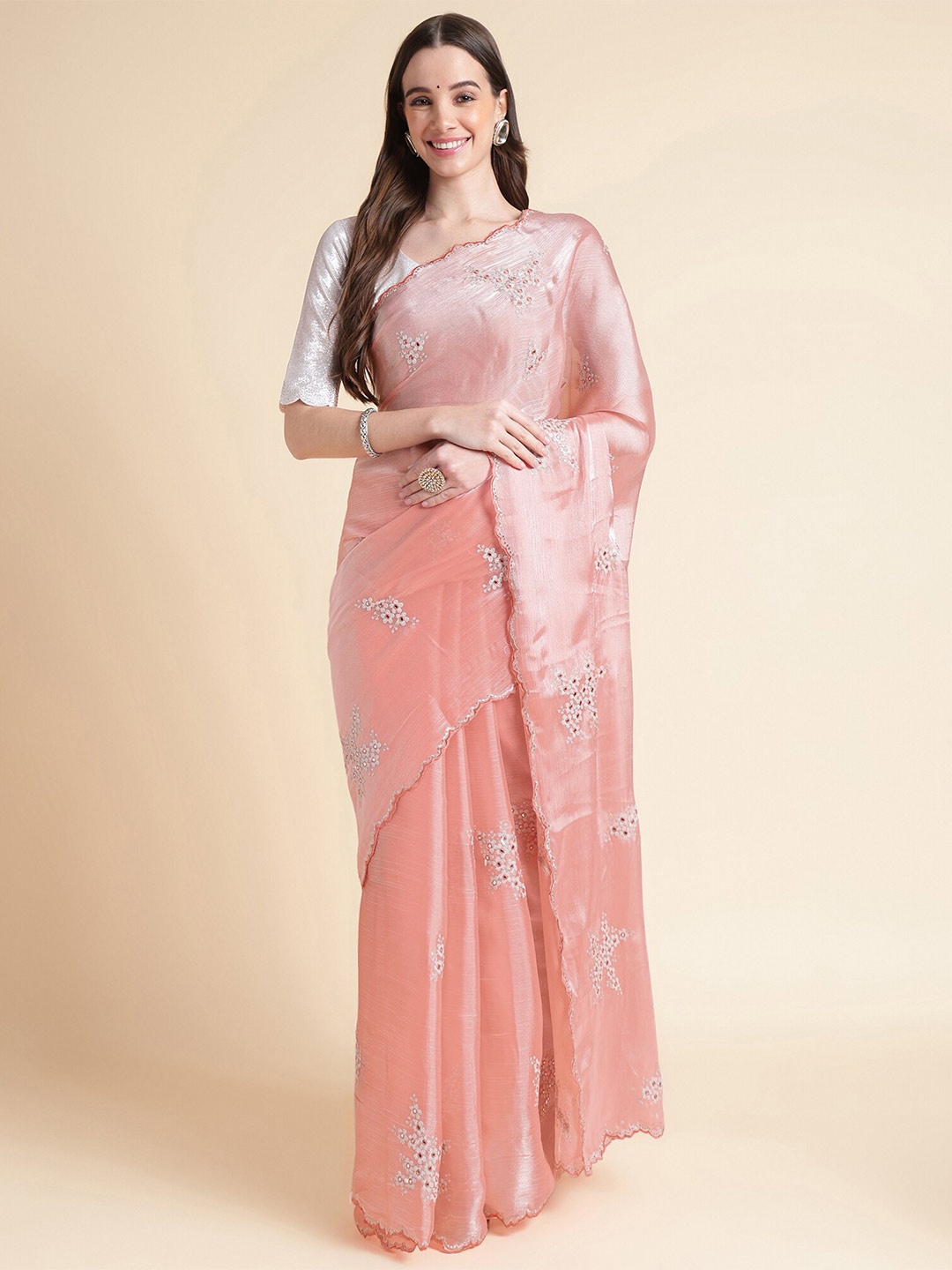 

Mitera Floral Sequinned Organza Saree, Peach