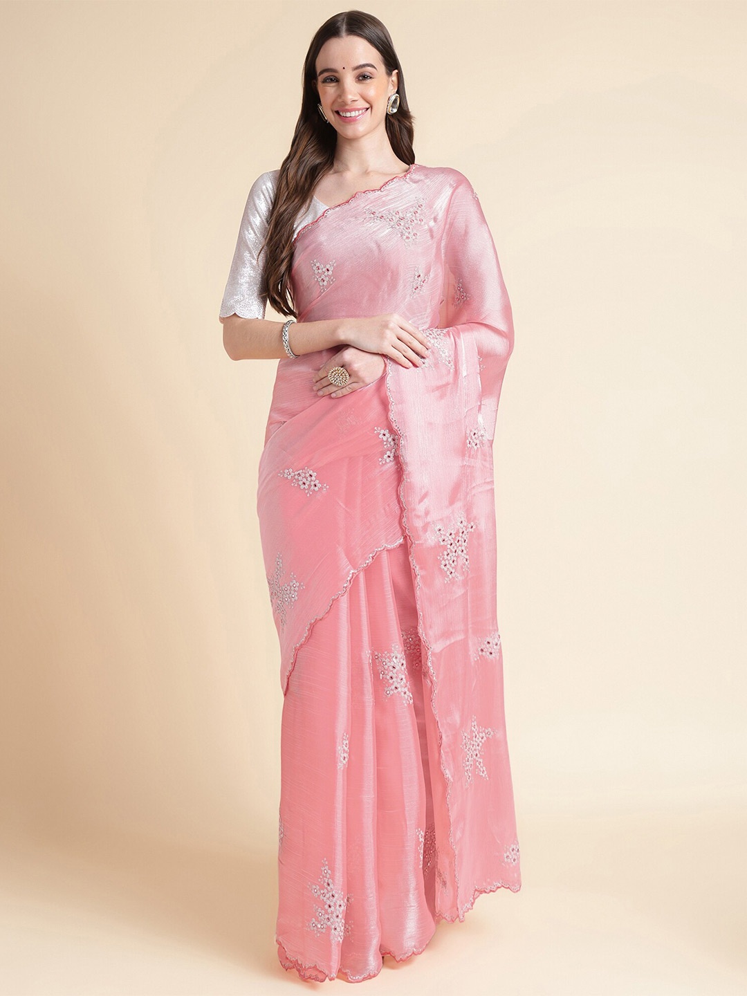 

Mitera Floral Sequinned Organza Ready to Wear Saree, Pink