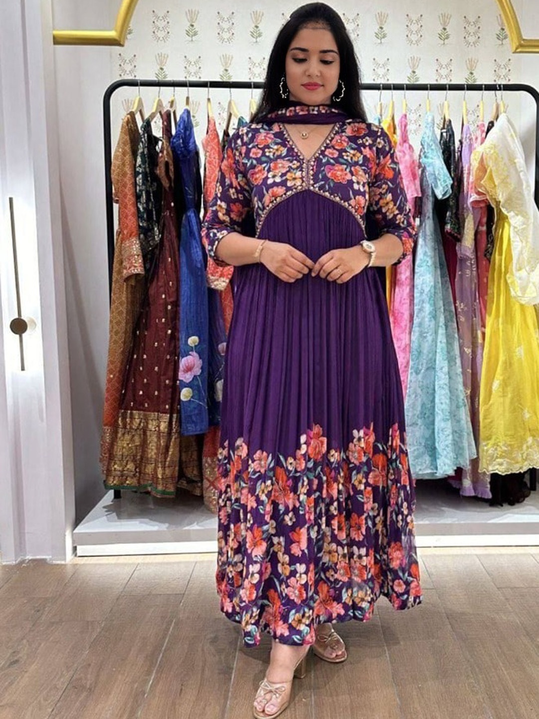 

BLACK SCISSOR Floral Printed V-Neck Aari Work Kurta with Trousers & With Dupatta, Violet