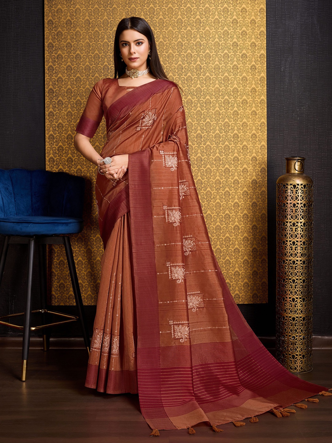 

Mitera Floral Embroidered Pure Silk Saree, Rust