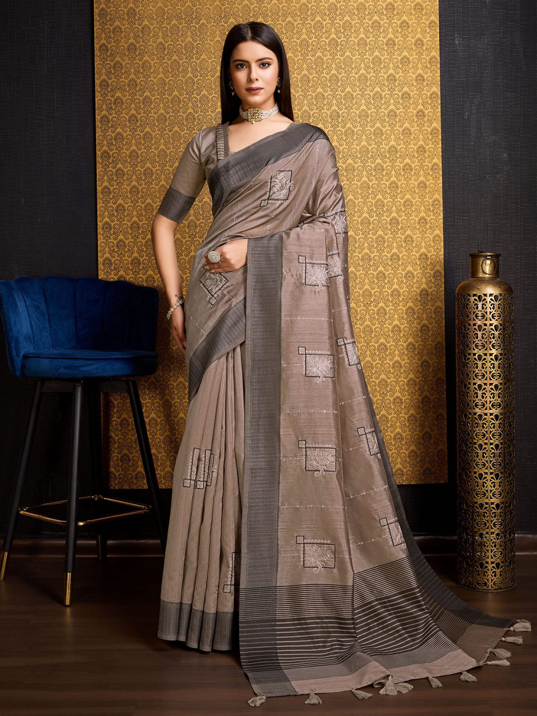 

Mitera Floral Embroidered Pure Silk Saree with Tassels, Beige