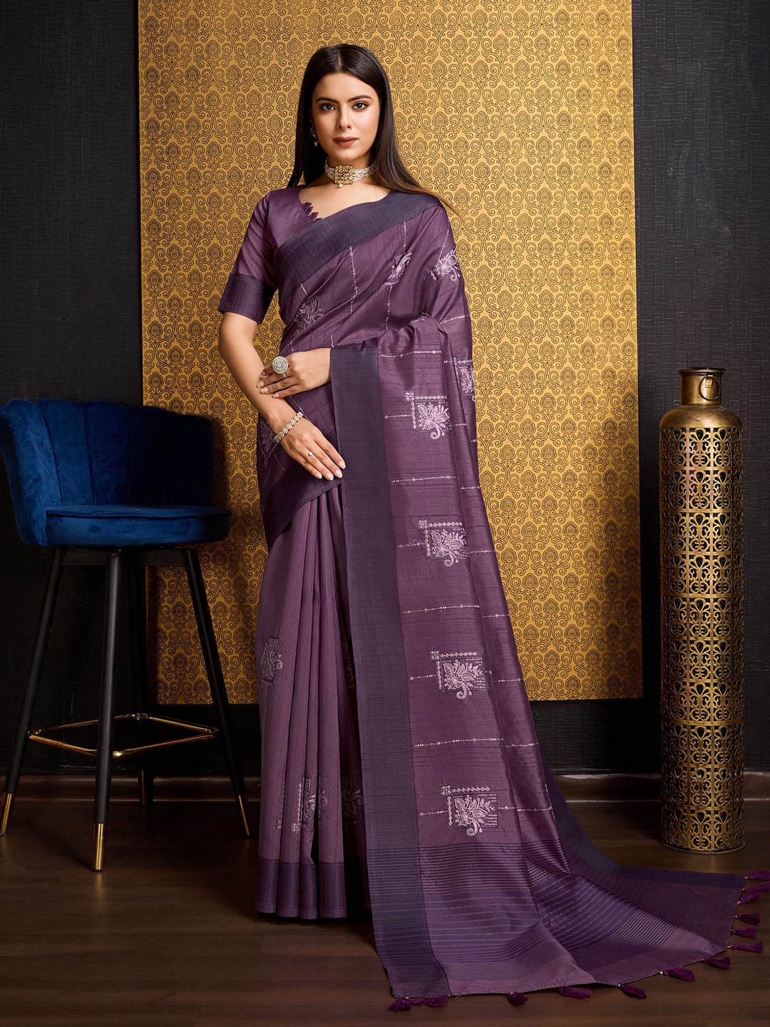 Mitera Floral Printed Pure Silk Saree with Tassels, Purple