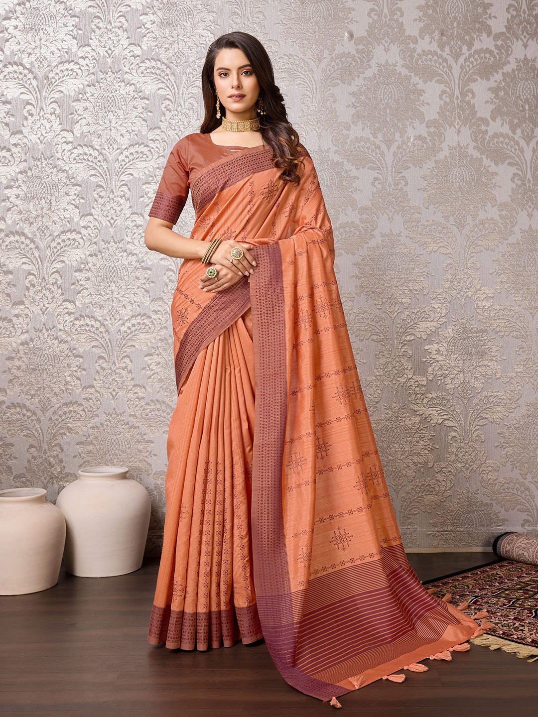 

Mitera Geometric Embroidered Pure Silk Saree with Tassels, Orange
