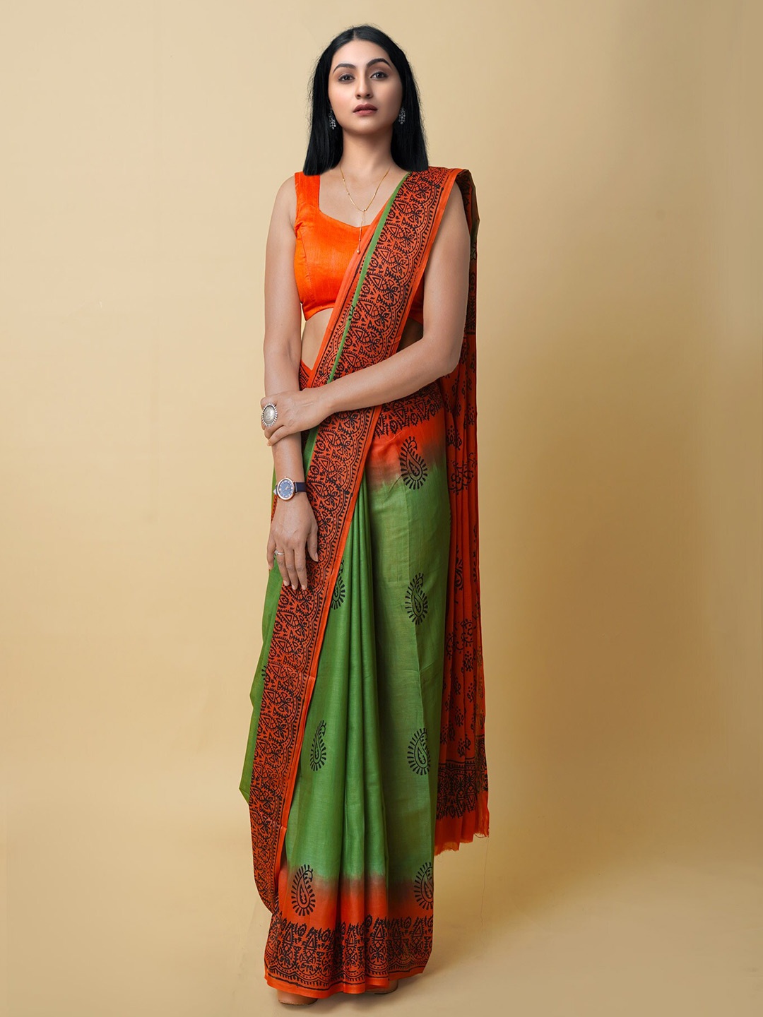 

Unnati Silks Ethnic Motifs Pure Cotton Handloom Block Print Saree, Green