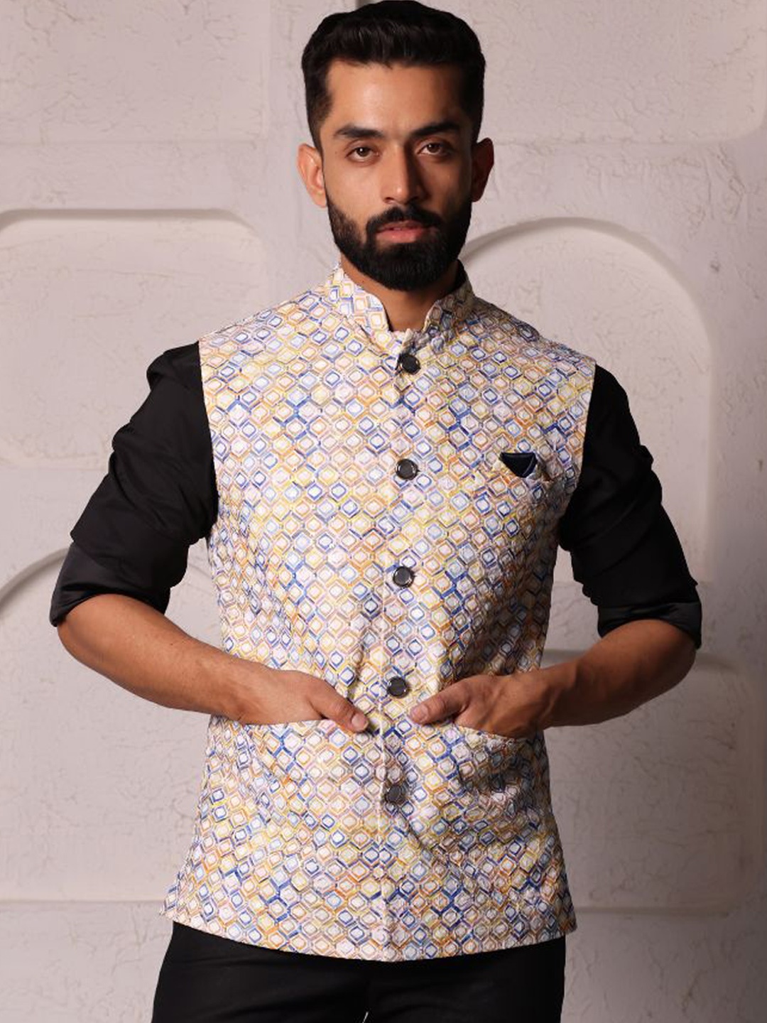 

Lightpole Printed Pure Cotton Woven Nehru Jacket, White