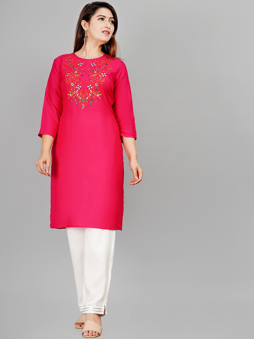 

SIPET Floral Yoke Design Regular Thread Work Kurti with Trouser, Pink