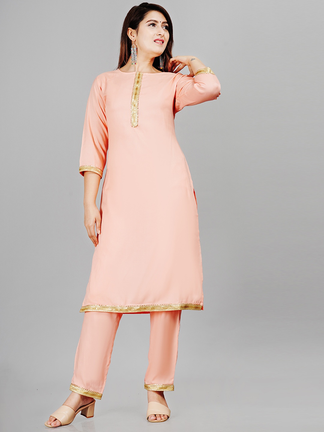 

SIPET Yoke Design Regular Gotta Patti Straight Kurti with Trouser, Pink