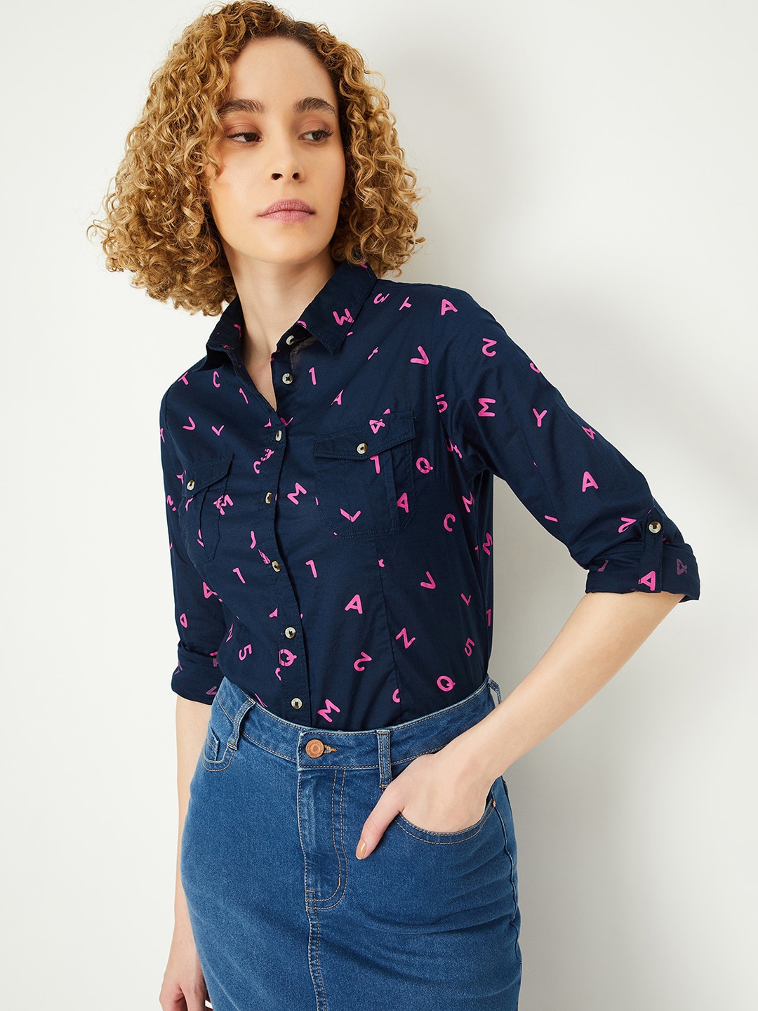 

max Women Opaque Printed Casual Shirt, Navy blue