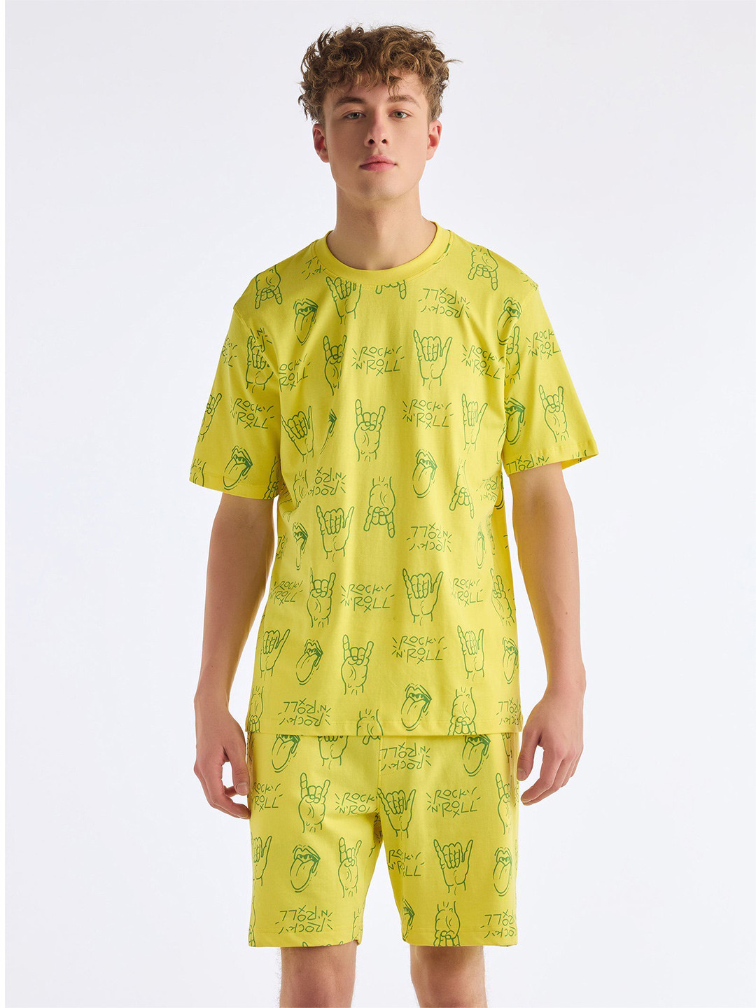 

Red Flame Printed Pure Cotton T-shirt With Shorts Co-Ords, Yellow