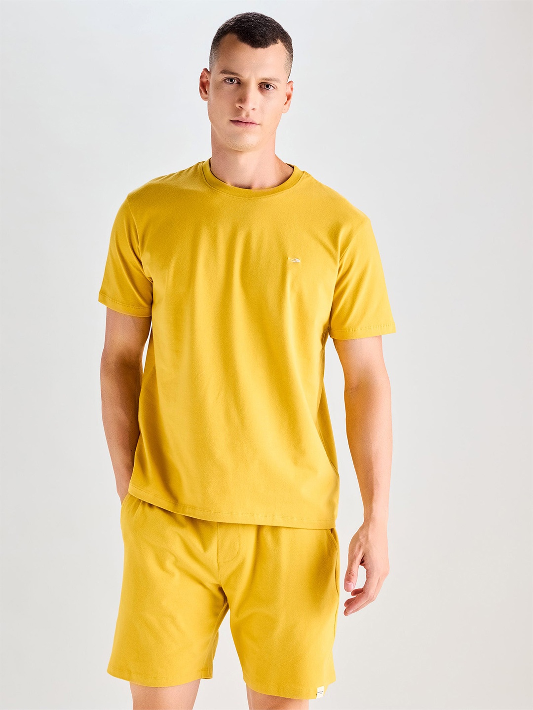 

Red Flame Round Neck Relaxed Fit T-Shirt With Shorts Co-Ords, Yellow