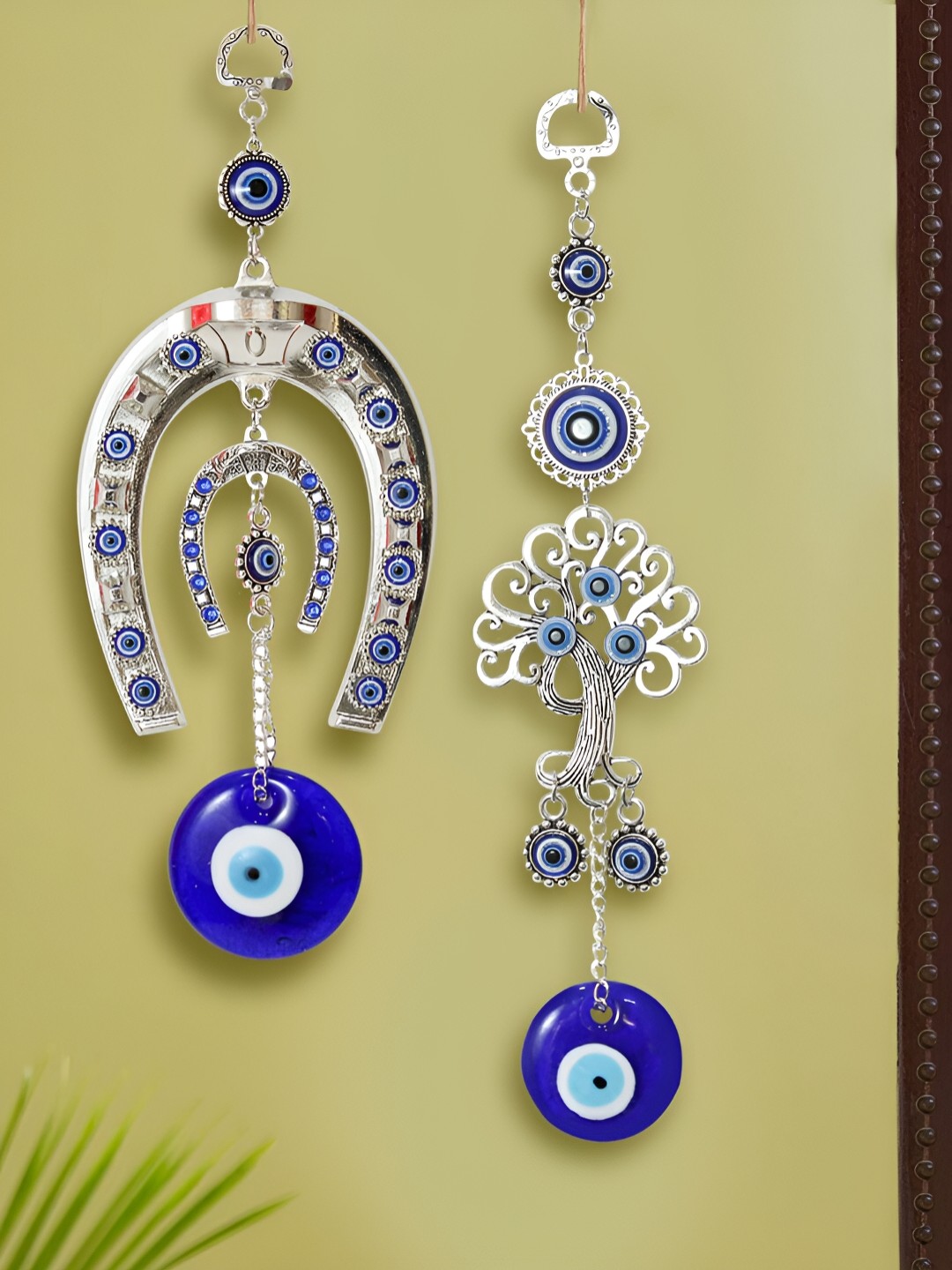 

TIED RIBBONS Blue 2 Pcs Horse Shoe & Tree Of Life Evil Eye Wall Car Hangings, Silver