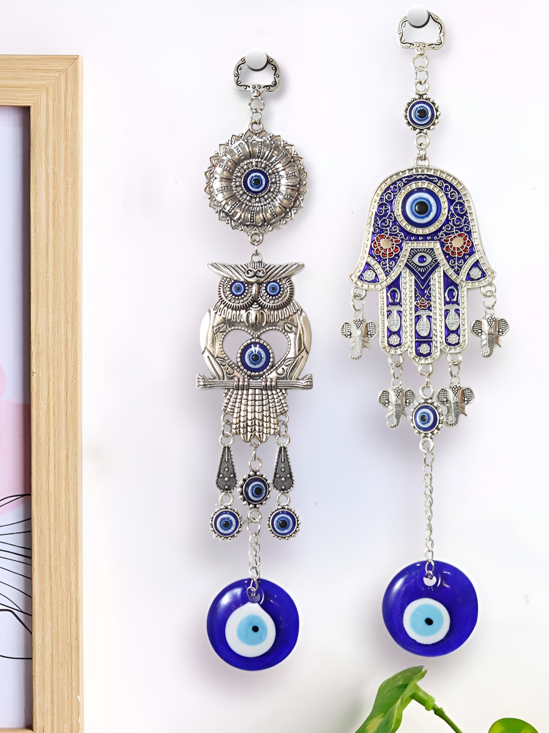 

TIED RIBBONS Blue 2-pcs Owl & Tree Of Life Evil Eye Metal Wall Hangings, Silver