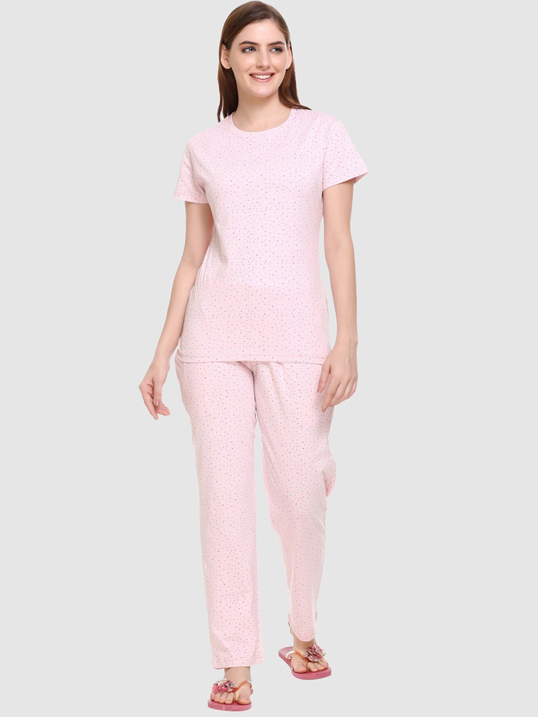 

Y&I Abstract Printed Round Neck T-shirt & Pyjama, Pink