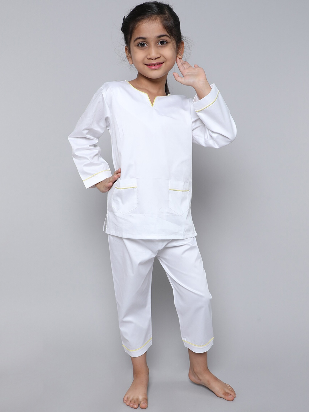 

BAESD Girls V-Neck Long Sleeves Kurti & Pyjamas, White