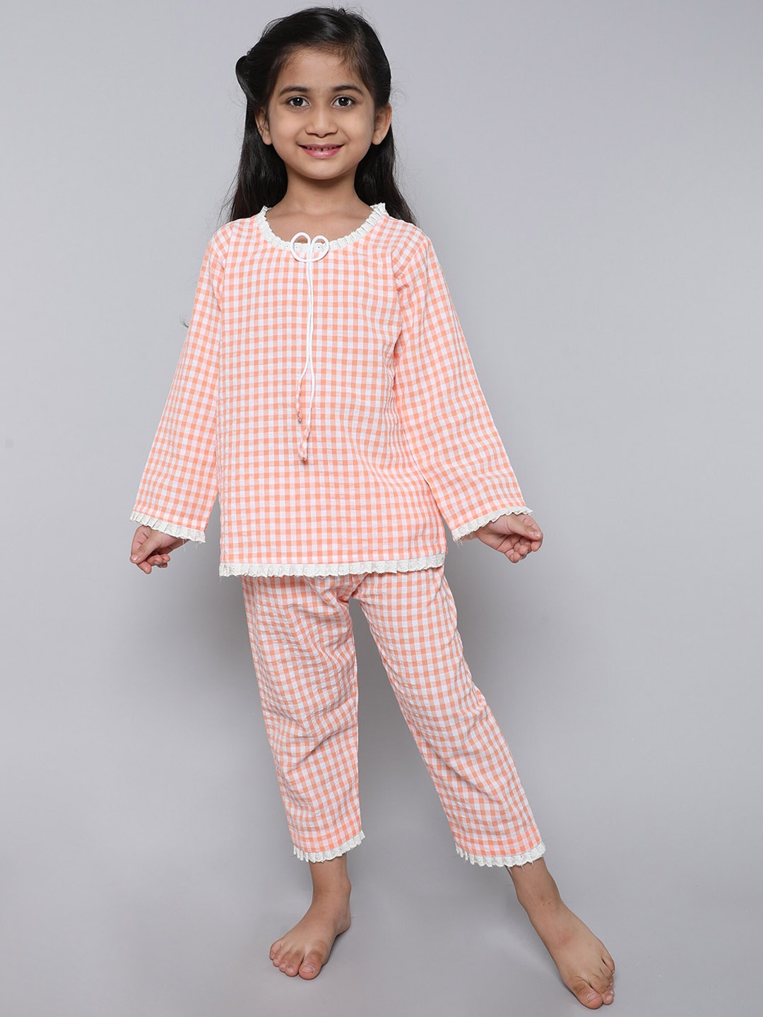 

BAESD Girls Checked Top With Pyjamas, Peach