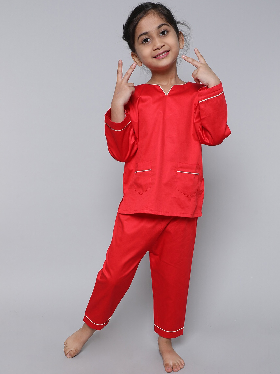 

BAESD Girls V-Neck Long Sleeves Kurti & Pyjamas, Red