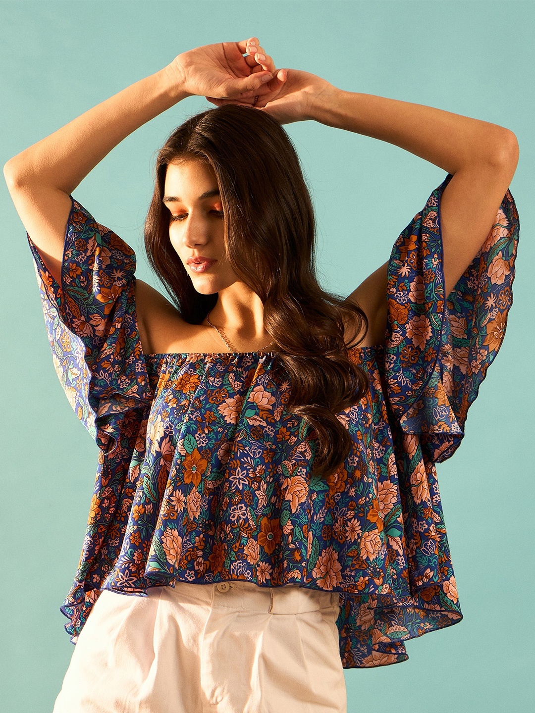 

Berrylush Floral Print Kimono Sleeve Ruffles Bardot Top, Blue