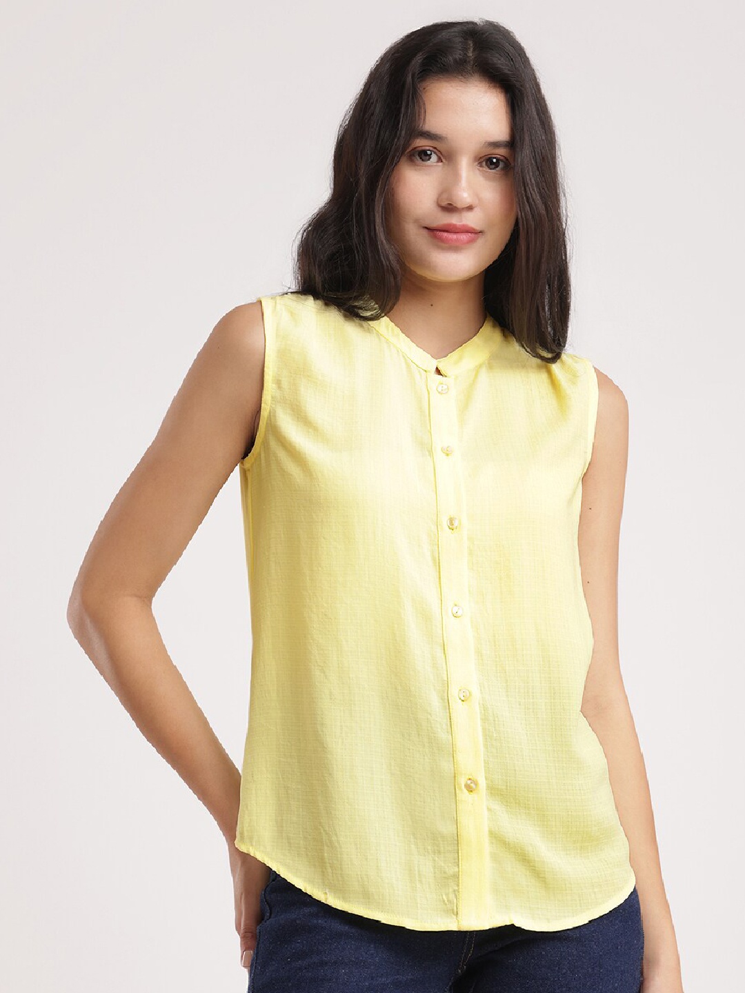 

FableStreet Mandarin Collar Shirt Style Top, Yellow