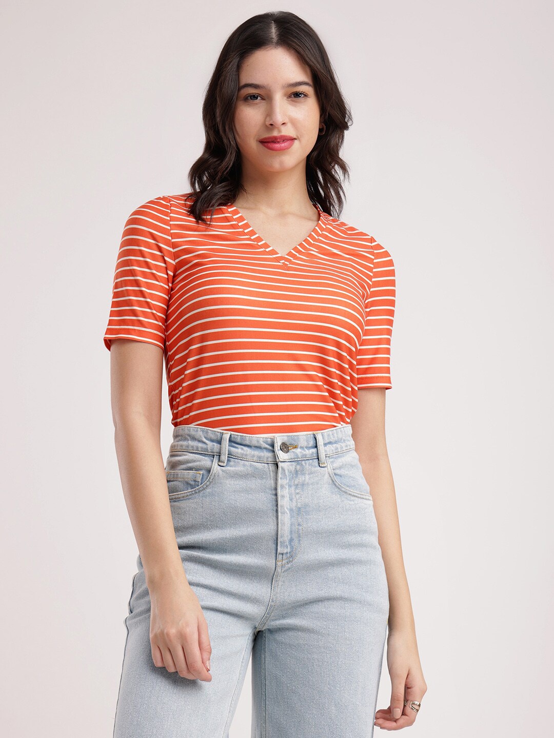 

FableStreet Women Striped V-Neck Pure Cotton Pockets T-shirt, Orange