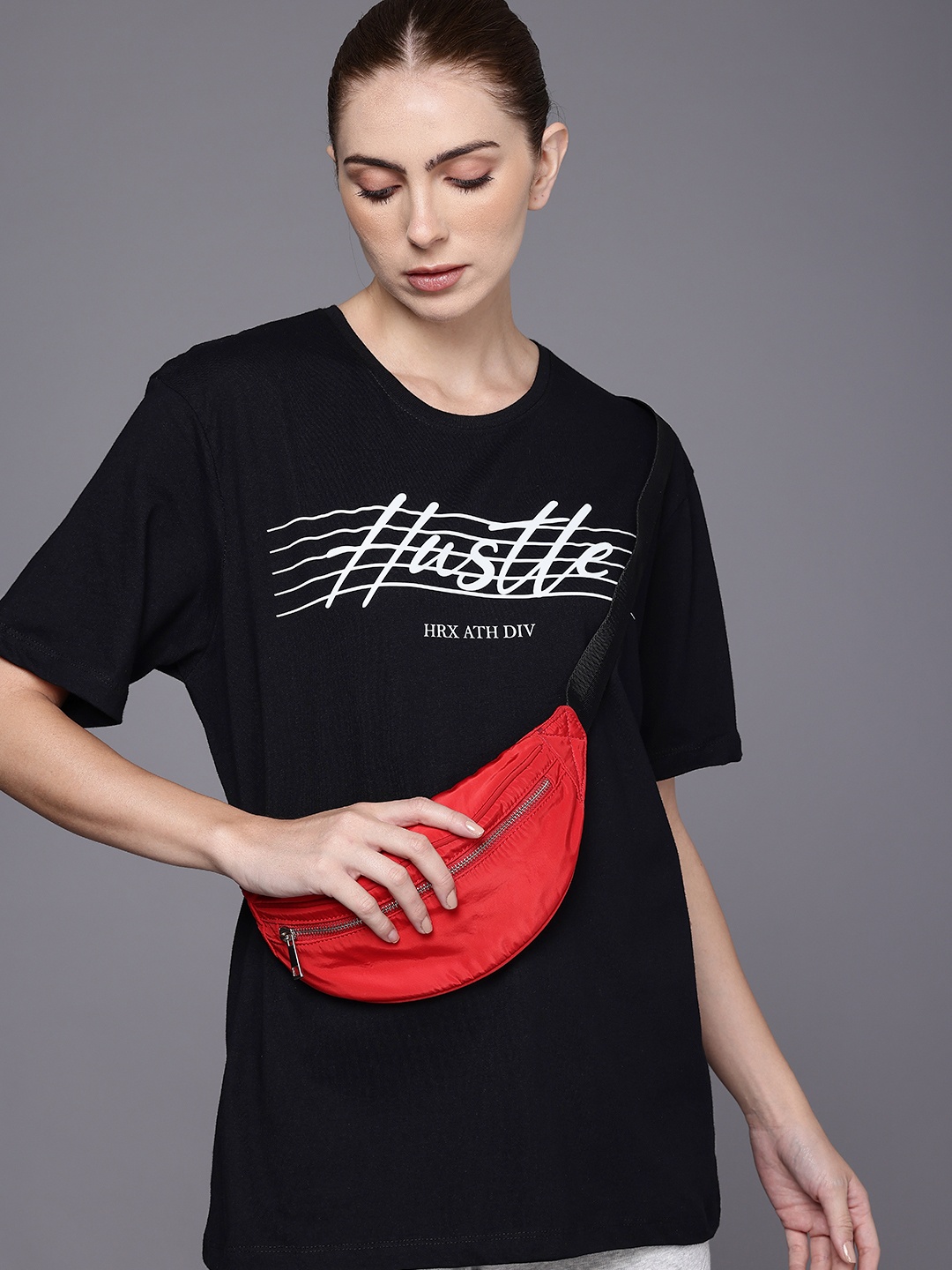 HRX by Hrithik Roshan Lifestyle Typography Printed Oversized Pure Cotton T-shirt, Black