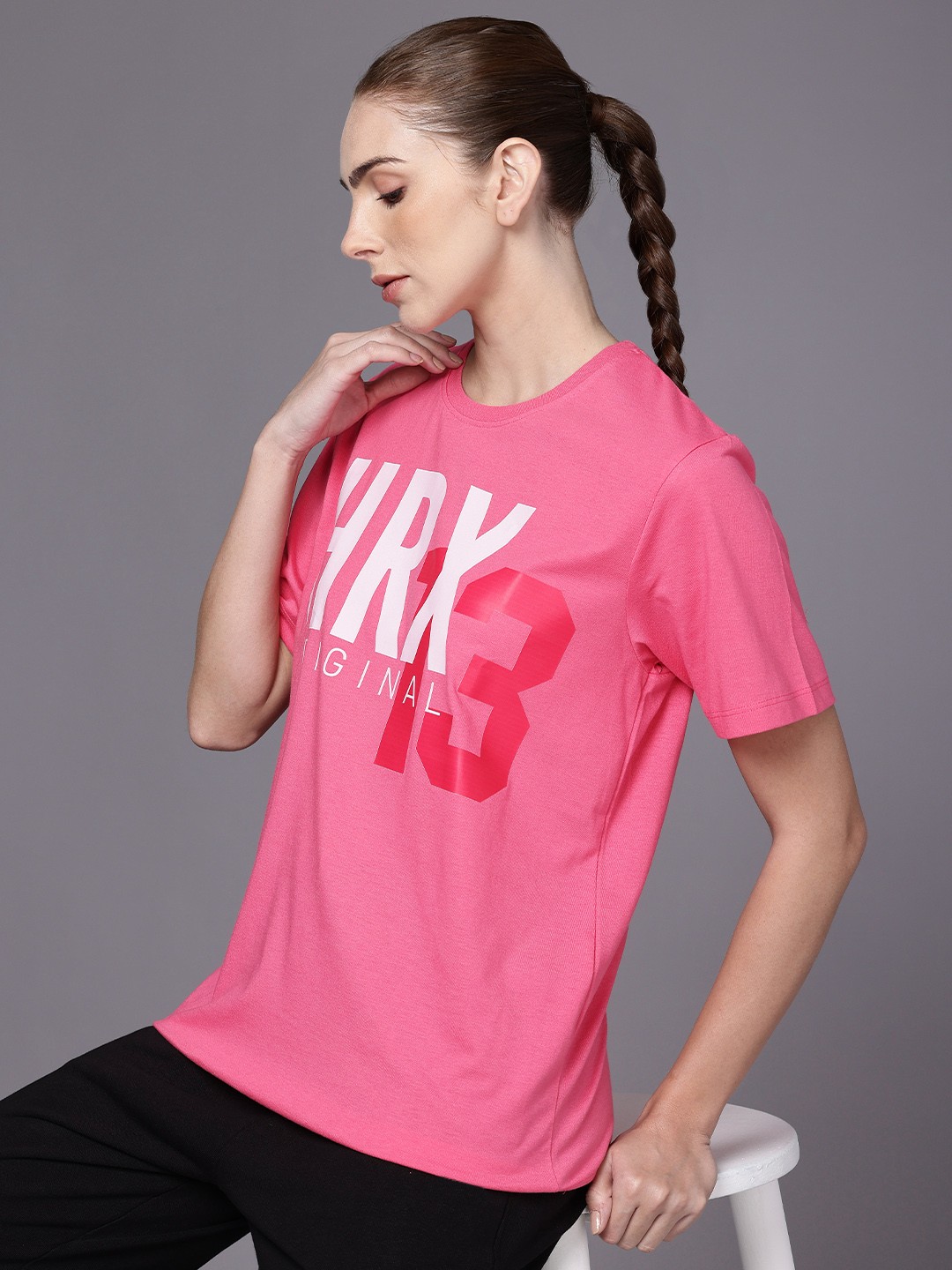

HRX by Hrithik Roshan Lifestyle Typography Printed Oversized Pure Cotton T-shirt, Pink