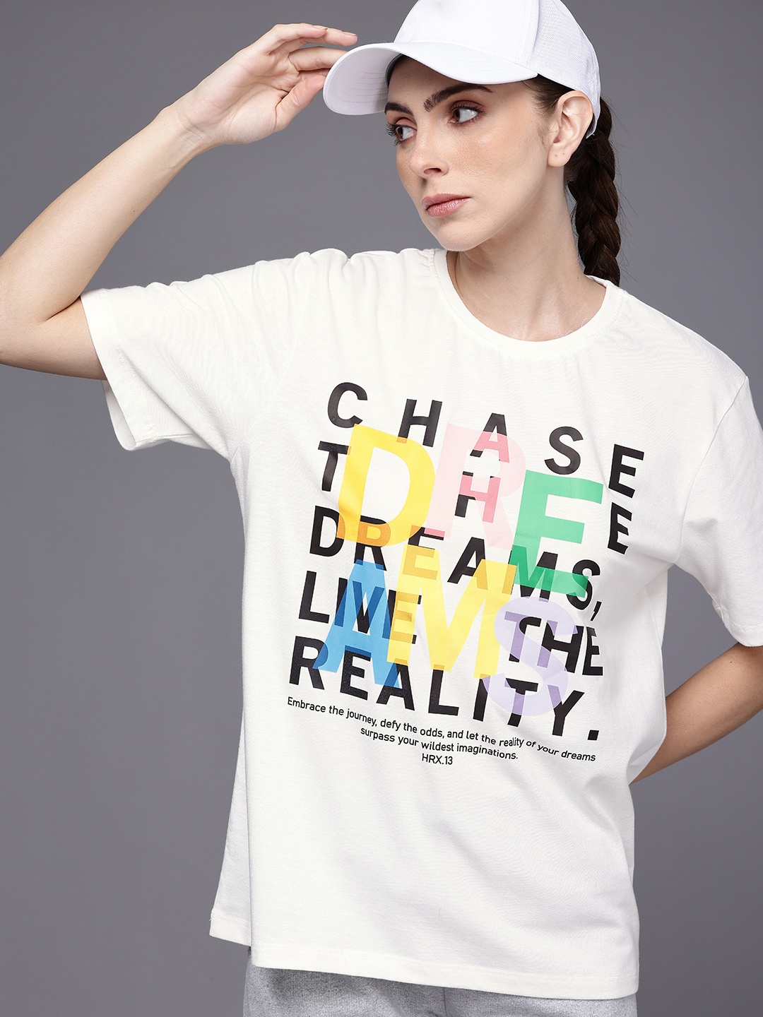

HRX by Hrithik Roshan Women Graphic Printed Oversized T-shirt, Off white