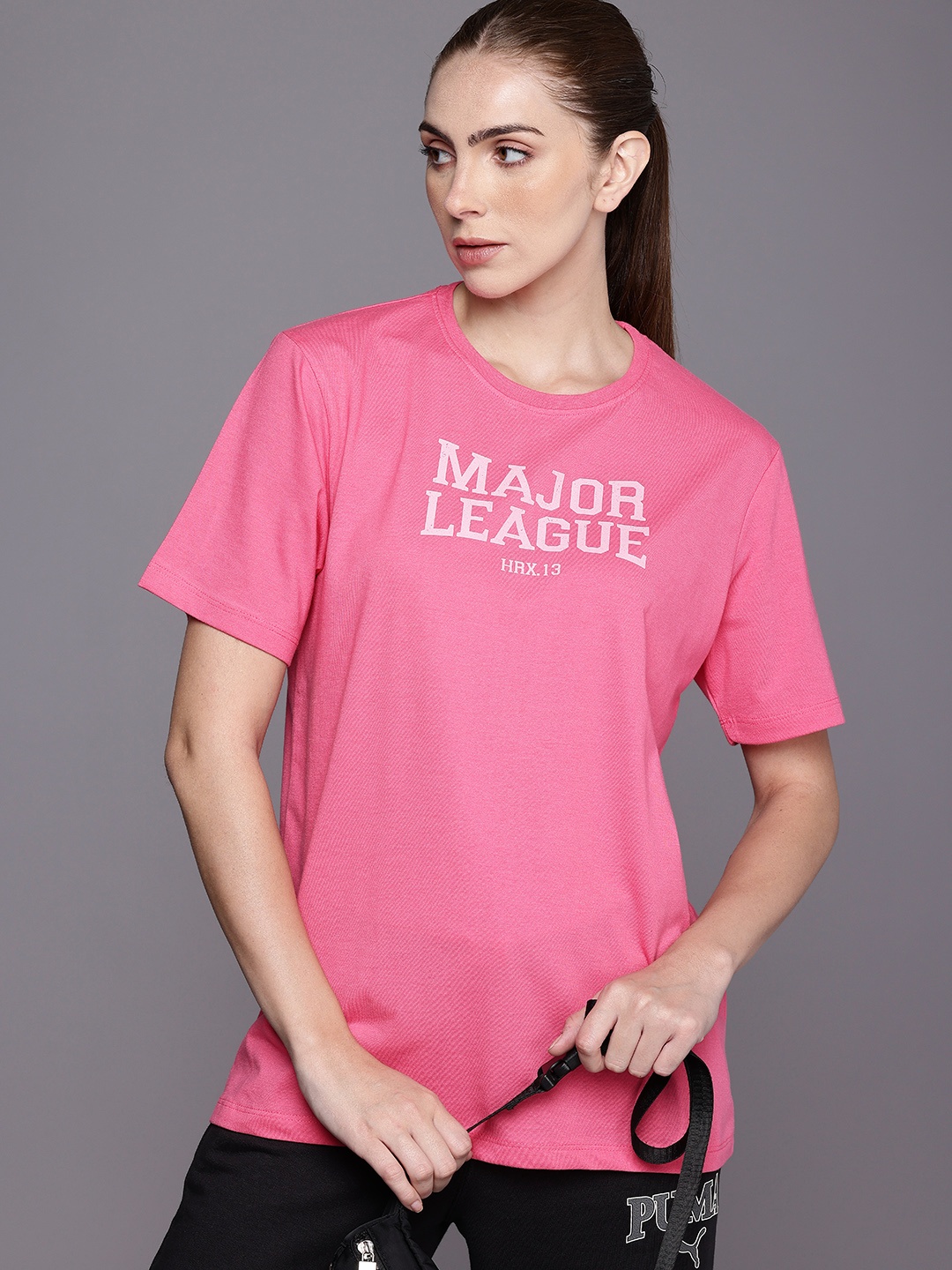 

HRX by Hrithik Roshan Lifestyle Typography Printed Oversized Pure Cotton T-shirt, Pink
