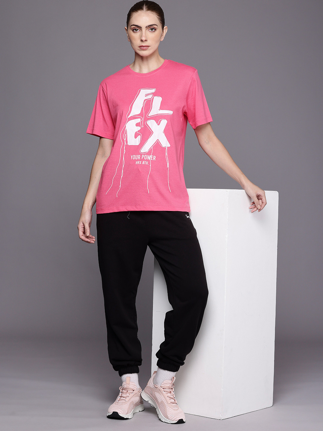 

HRX by Hrithik Roshan Lifestyle Typography Printed Oversized Pure Cotton T-shirt, Pink