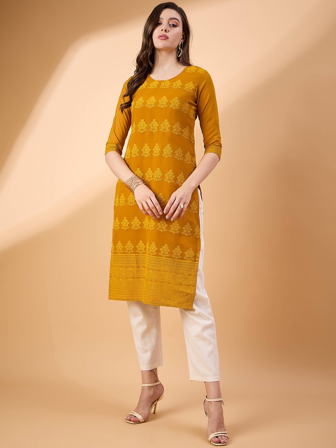 

all about you Women Geometric Thread Work Georgette Kurta, Mustard