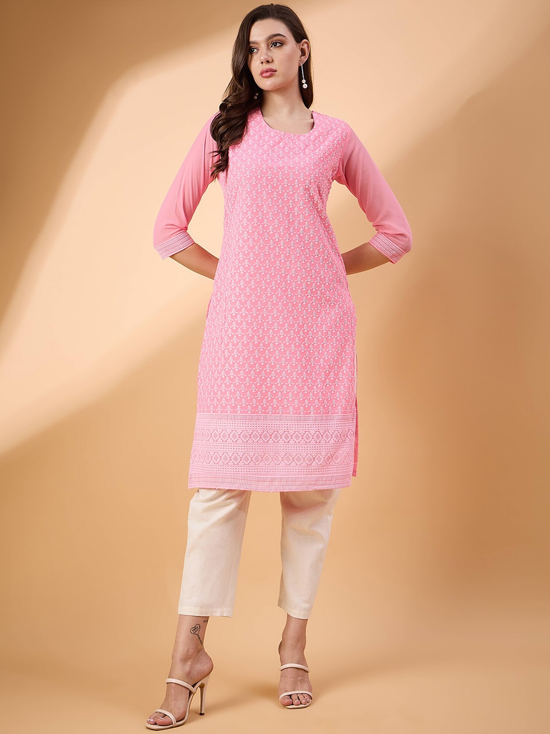 

all about you Women Ethnic Motifs Printed Thread Work Georgette Kurta, Pink