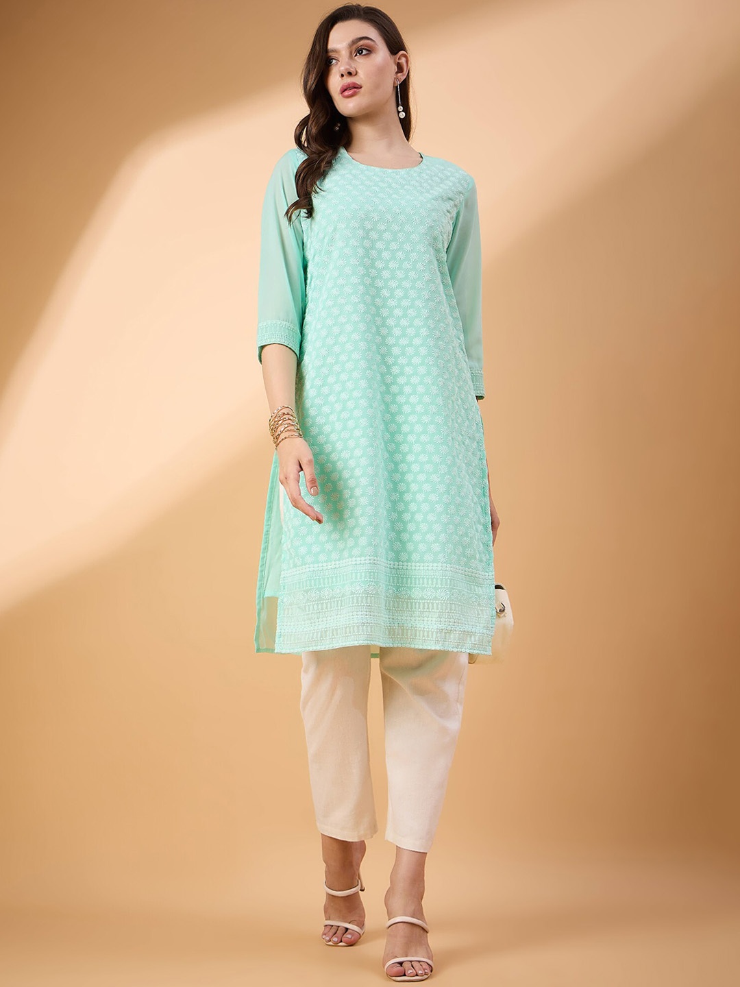 

all about you Women Ethnic Motifs Chikankari Georgette Kurta, Green