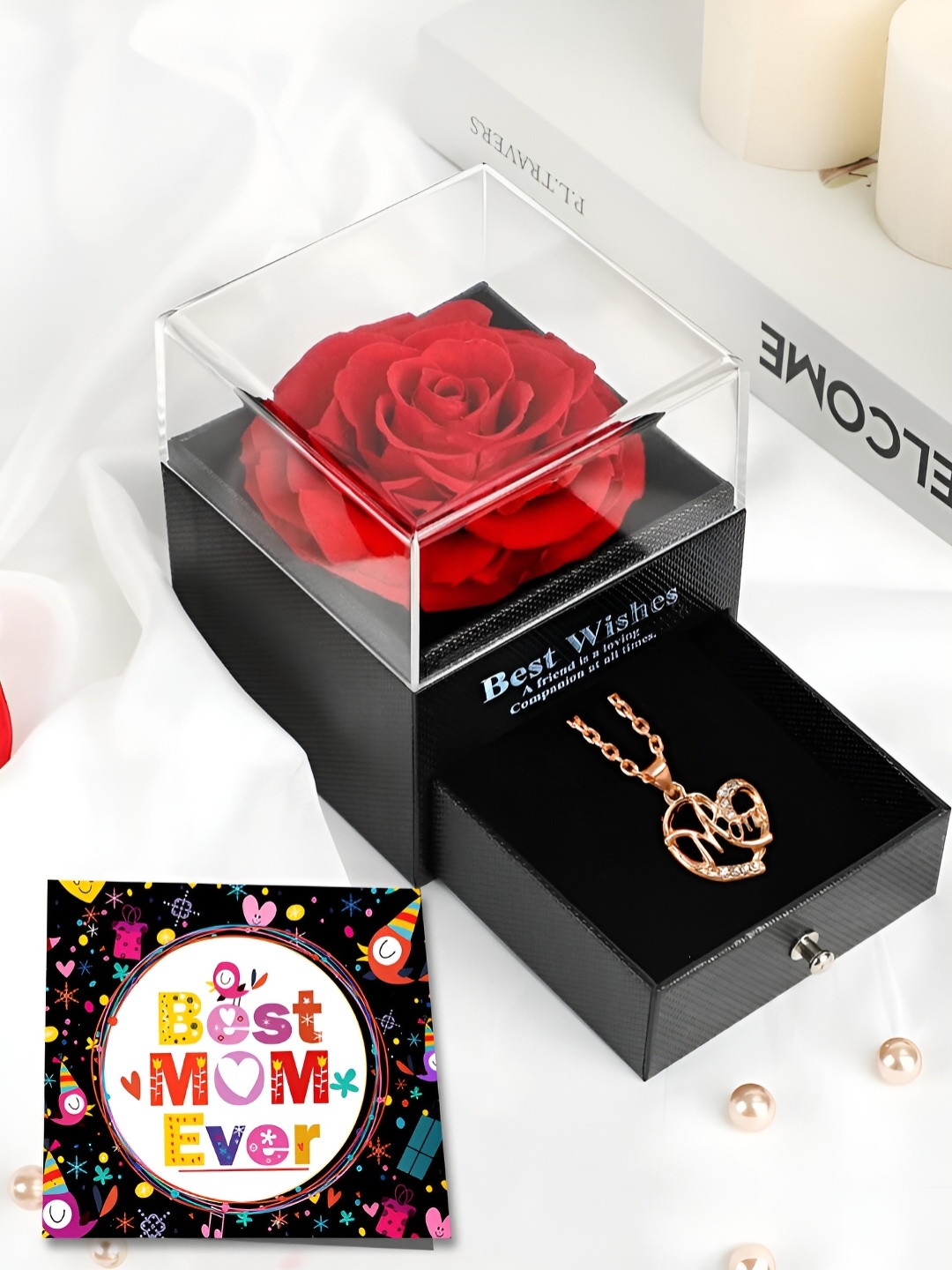 

TIED RIBBONS Preserved Rose with Necklace Box & Card Mothers Day Gift, Red