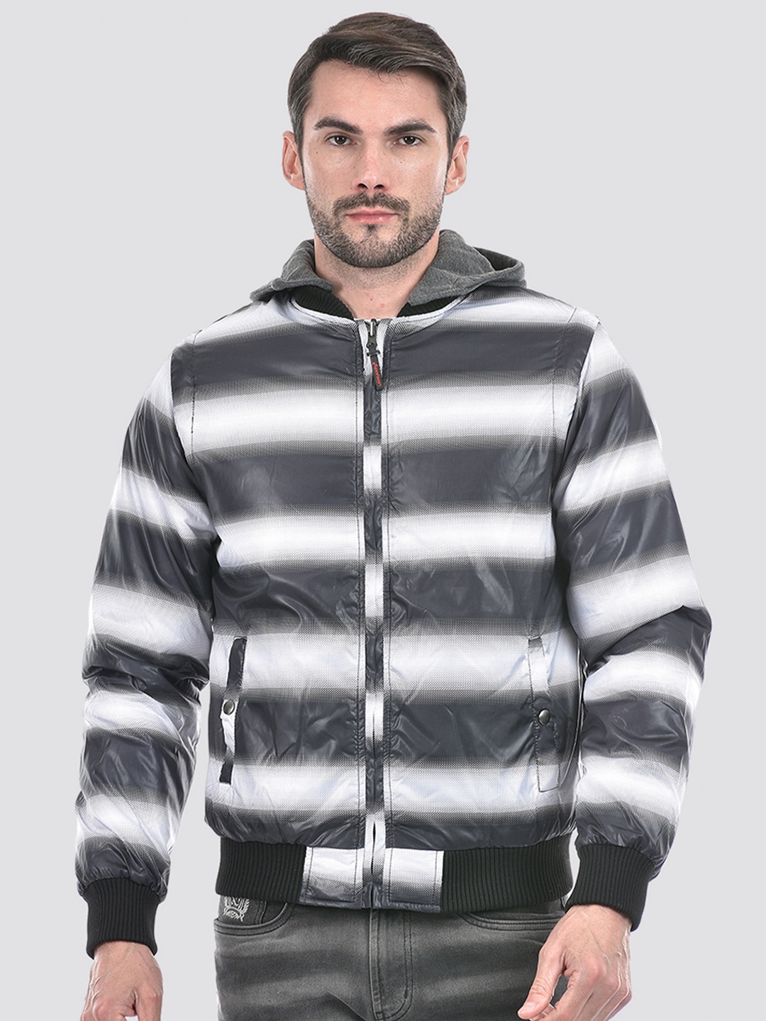 

Lawman pg3 Men Geometric Striped Reversible Crop Bomber Jacket, Multi
