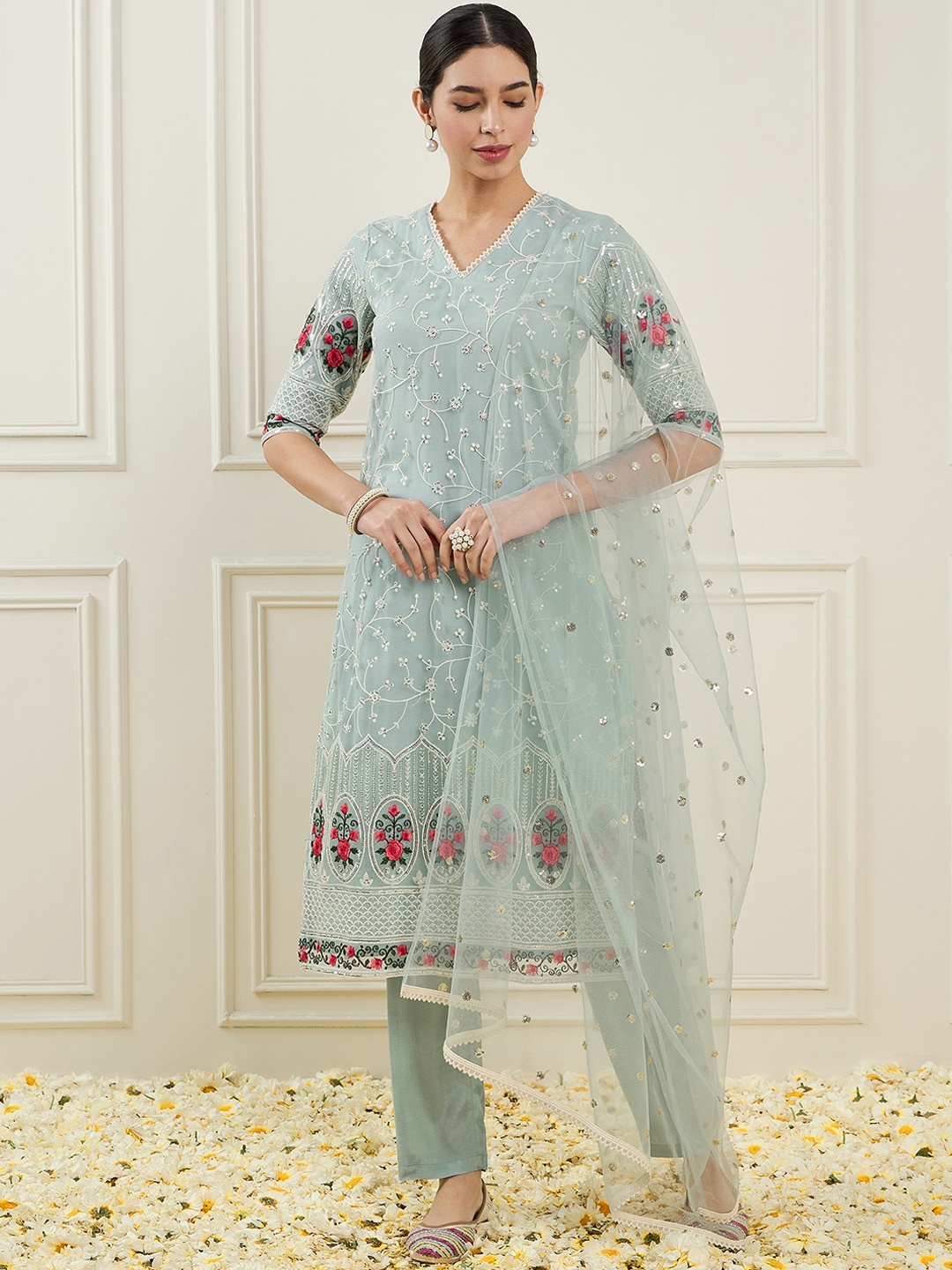 

ADORNIA Ethnic Motifs Embroidered Sequinned Straight Kurta With Trouser & Dupatta, Blue