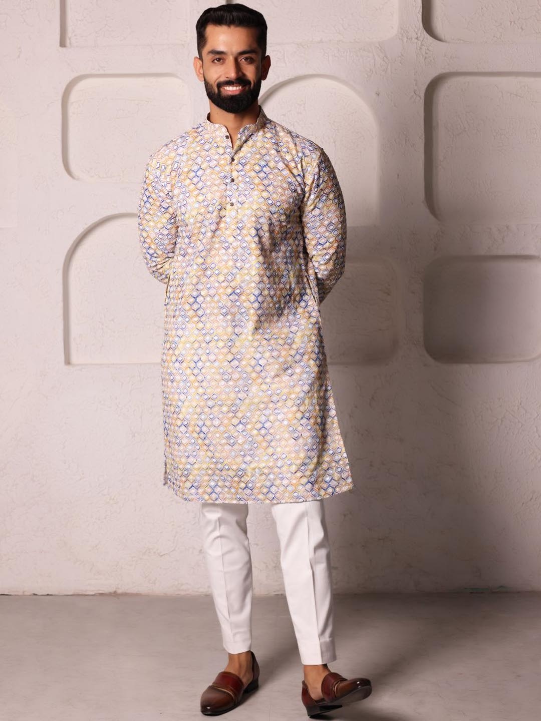 Lightpole Men Geometric Mirror Work Handloom Kurta, Multi