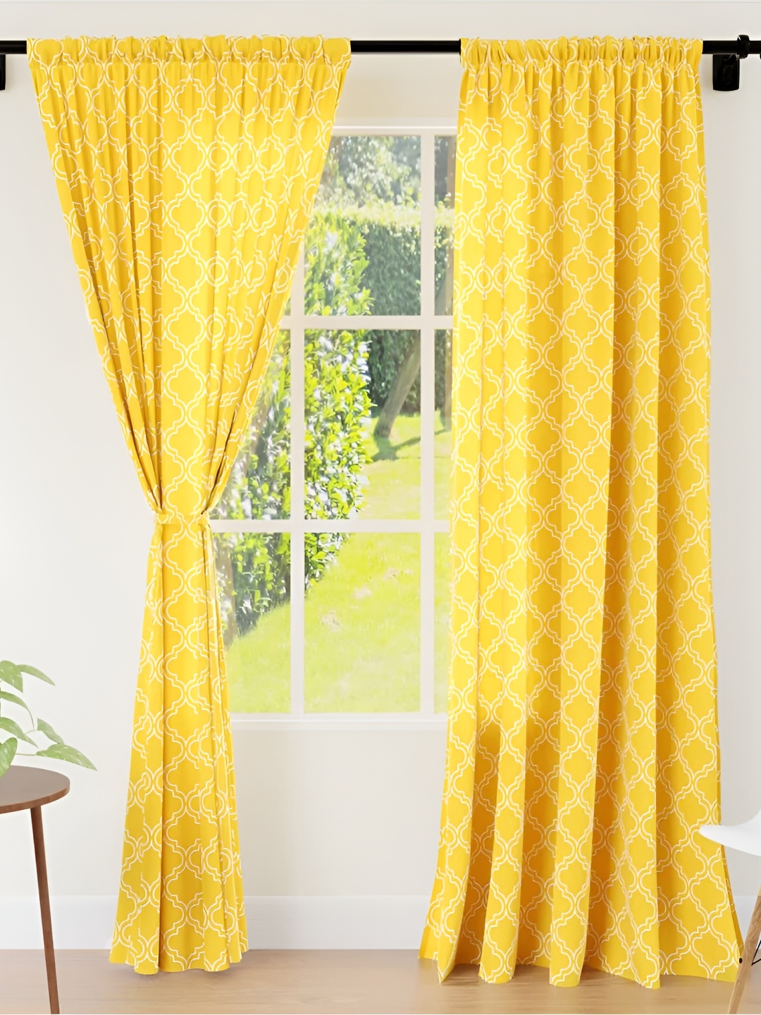 

Encasa Homes Yellow & White 2 Pieces Ethnic Motifs Sheer Long Door Curtain