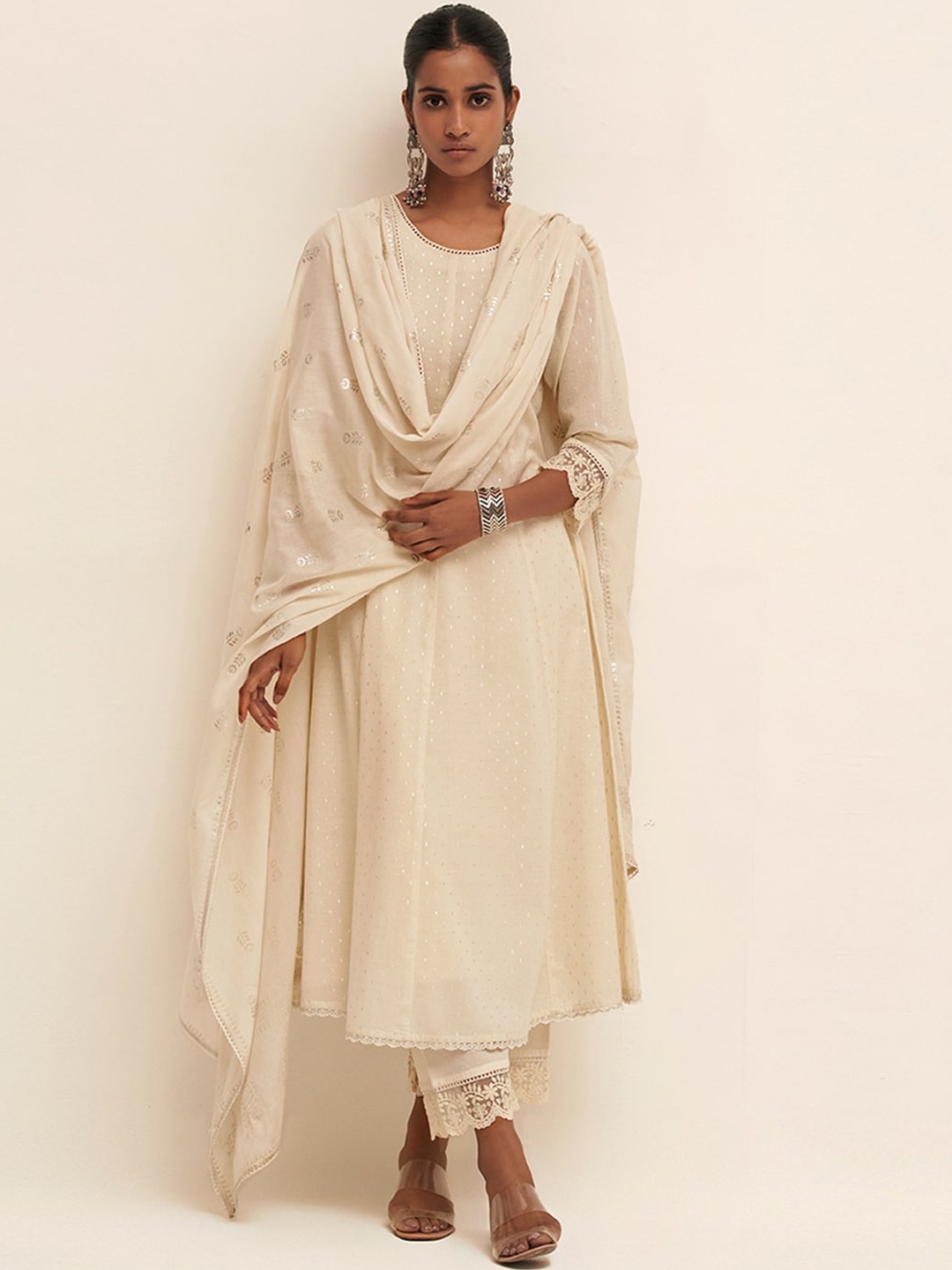 

Ganga Printed Thread Work Pure Cotton Kurta with Palazzos & With Dupatta, Off white